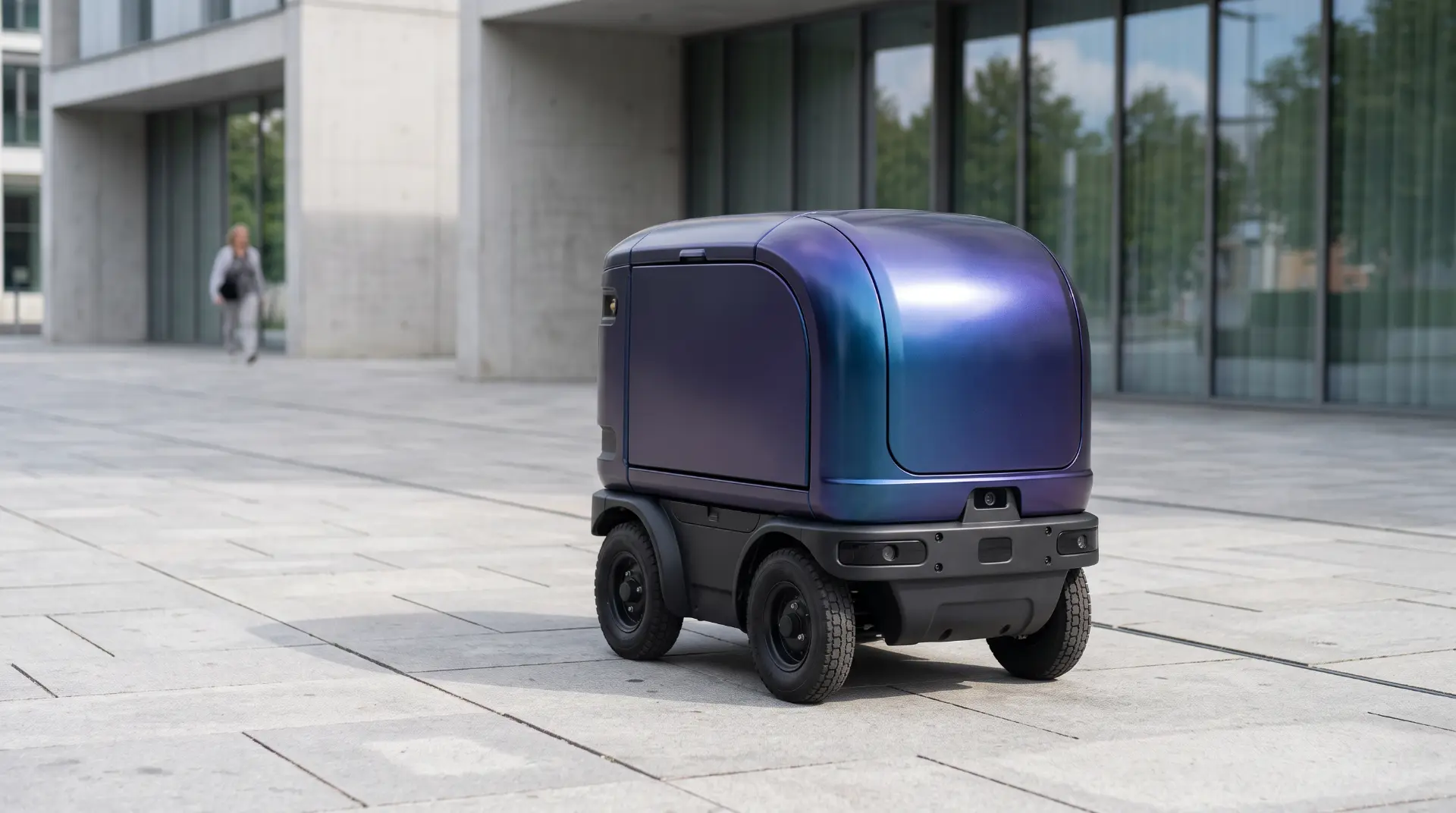Coatings concept: blue-violet delivery robot in an architectural setting