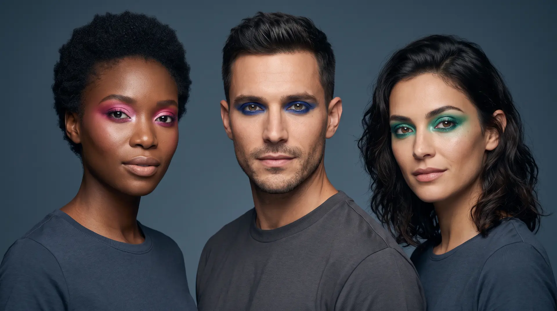 Cosmetics concept: three models wearing coloured makeup
